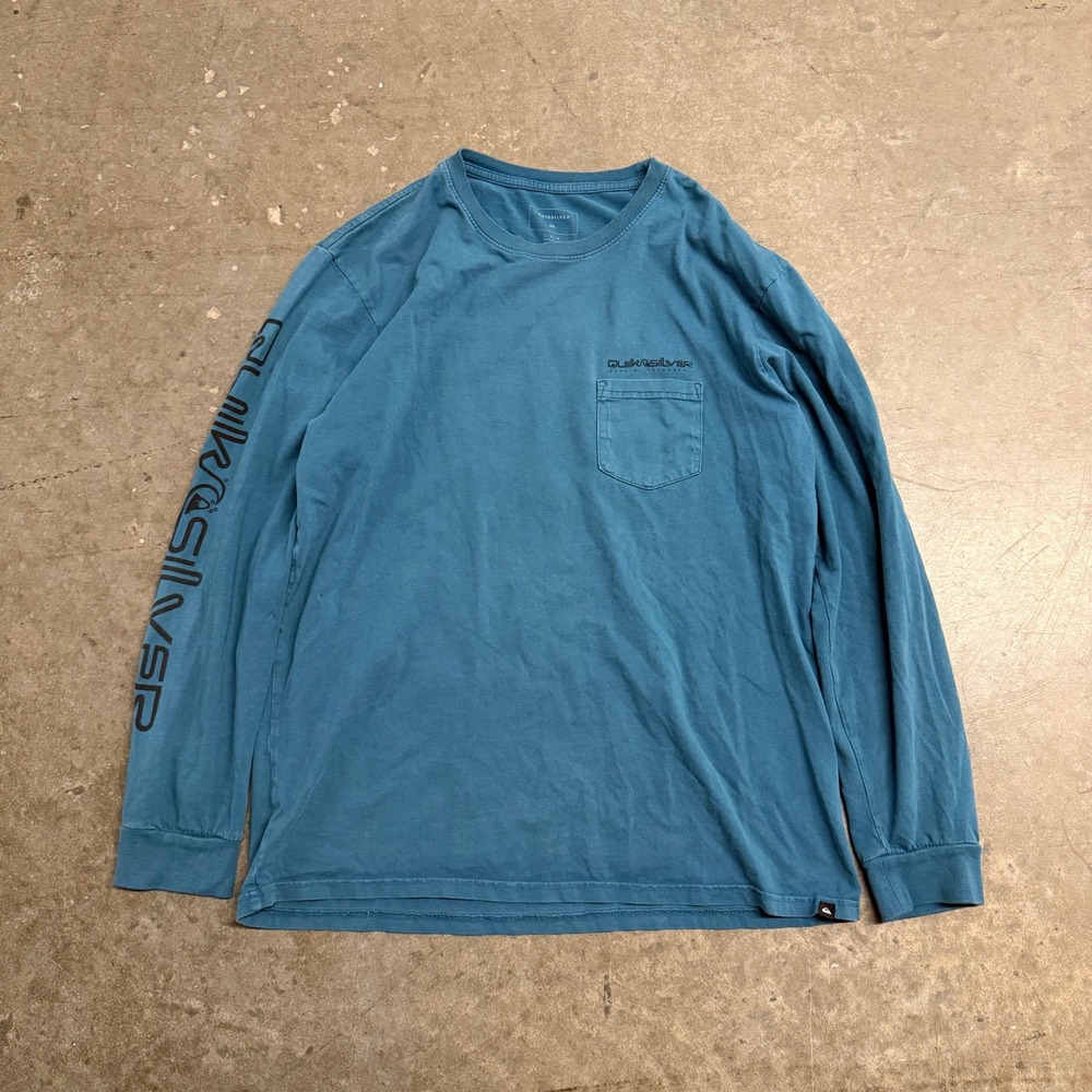 Quiksilver Mens Long Sleeve Pocket T-Shirt Blue Teal Graphic Logo Size Large